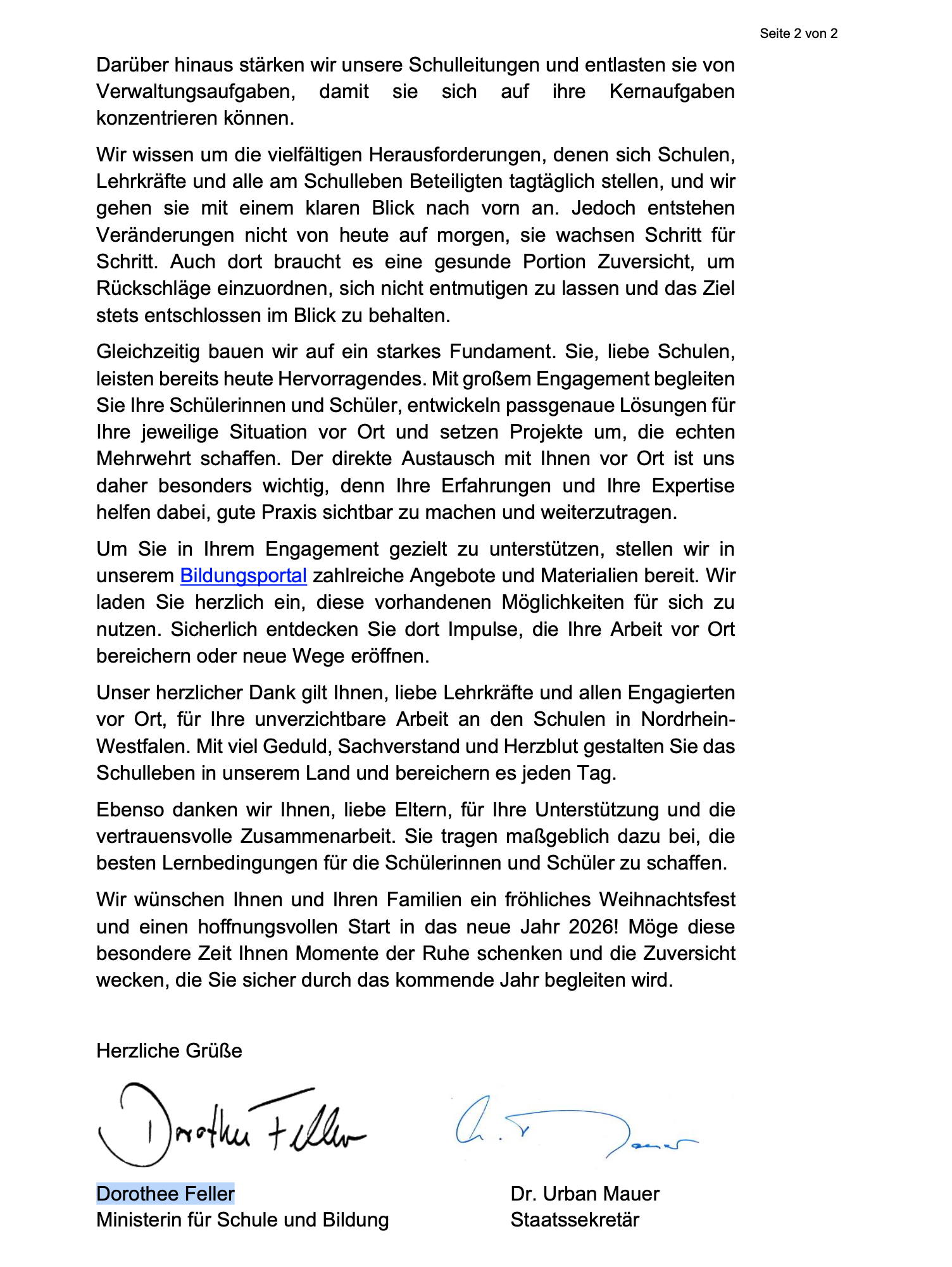 Weihnachtsbrief der Bildungsministerin 2